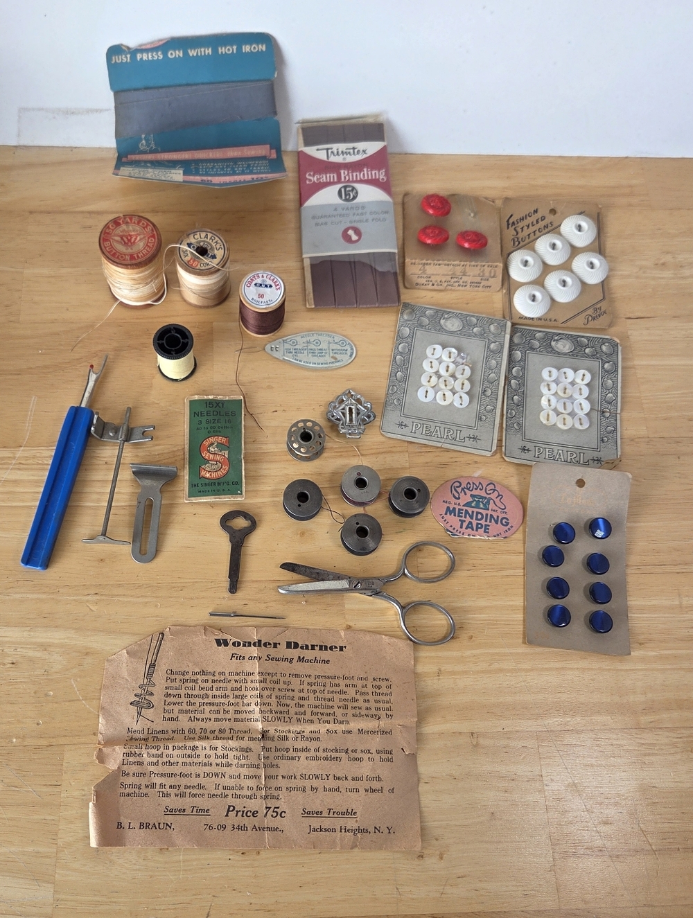 ​Vintage Sewing Notions Lot: WISS USA Scissors, Wood Spools, MOP Buttons, Singer